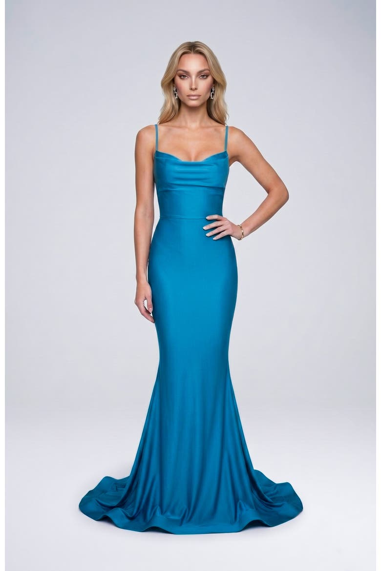 Cowl Neck Lace-Up Open Back Mermaid Gown, Alternate, color, Turquoise