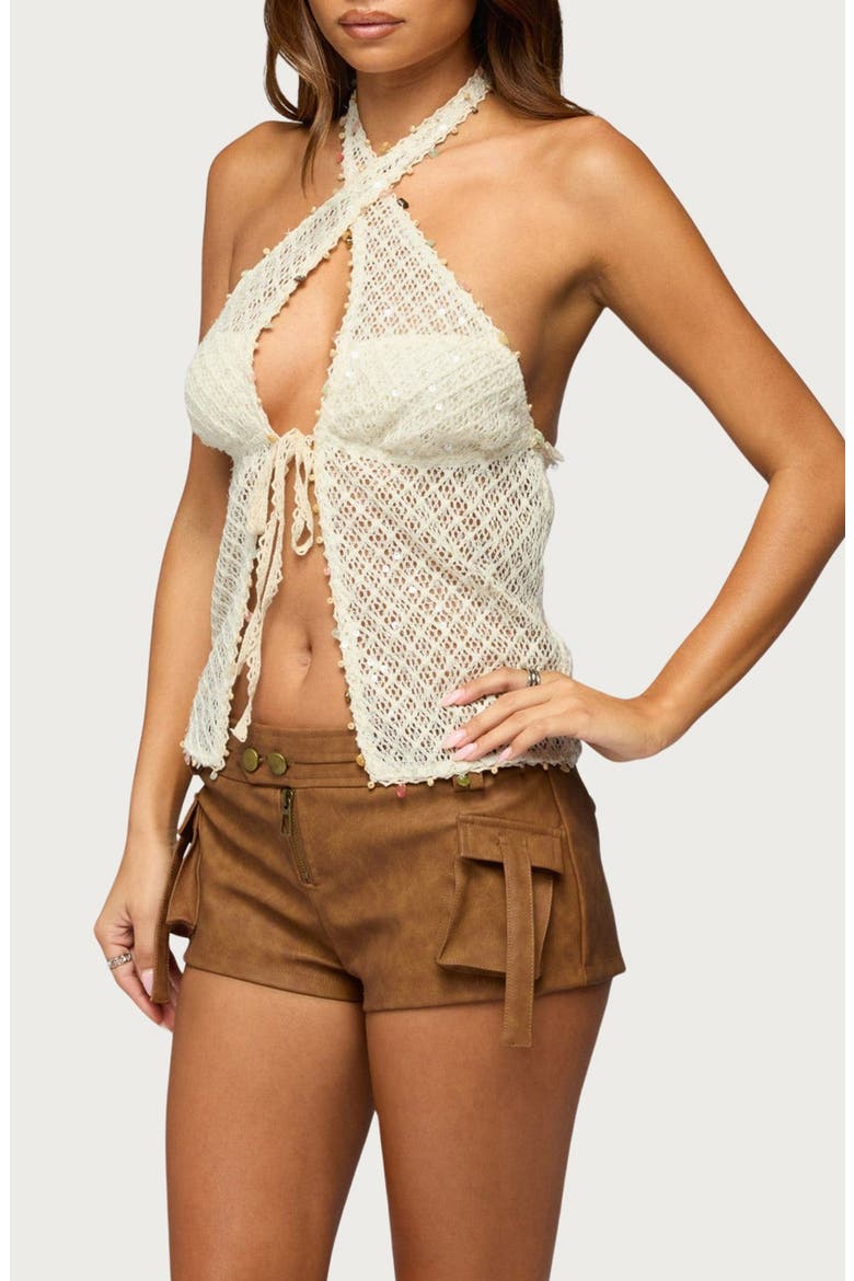 Sheer Net Sequin Split Front Top, Alternate, color, BEIGE