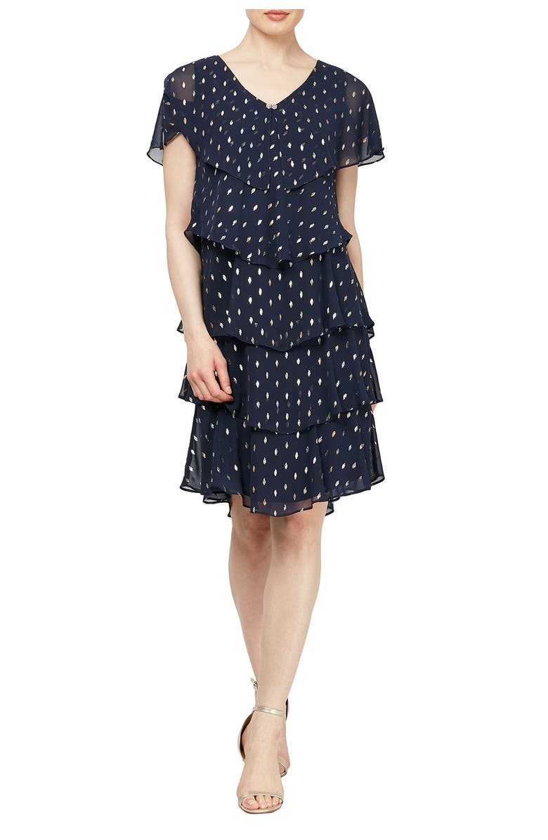 SL FASHIONS Polka Dot Tiered Georgette Dress, Main, color, Navy Gold