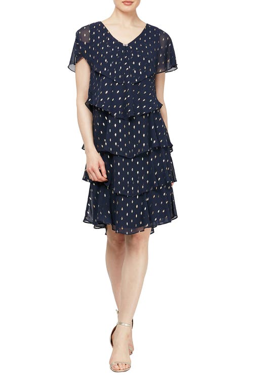 Shop Sl Fashions Polka Dot Tiered Georgette Dress In Navy Gold