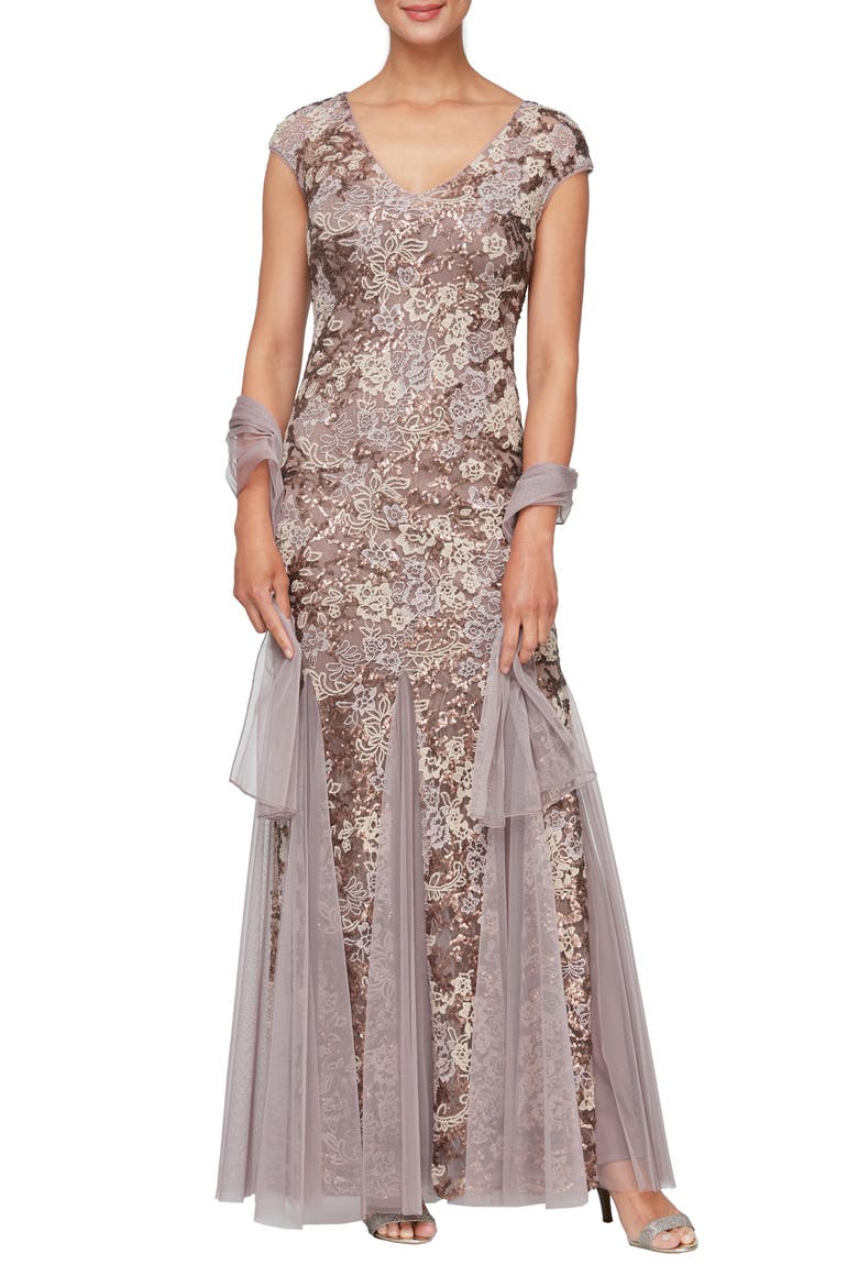 Sequin Embroidered Trumpet Gown, Main, color, MOCHA