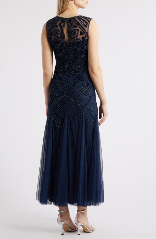 Pisarro Nights Geometric Beaded Sleeveless Gown In Navy