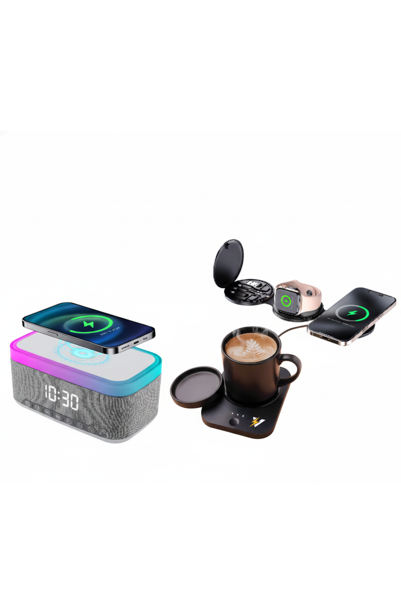 PURSONIC Sip & Charge Mug Warmer, All-in-One Alarm Clock & 5-in-1 Folding Charging Station, Main, color, Black