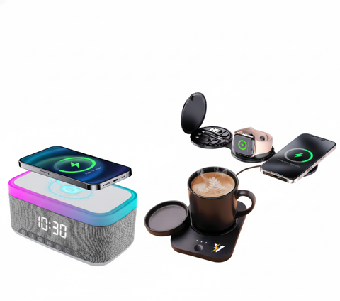 Sip & Charge Mug Warmer, All-in-One Alarm Clock & 5-in-1 Folding Charging Station