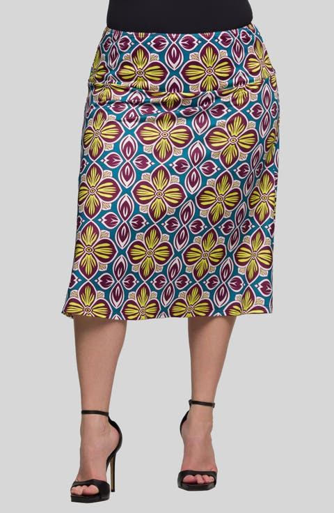 Geo Print Elastic Waist Midi Skirt (Plus)