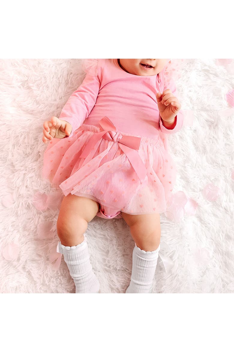 Flocked Heart Tiered Long Sleeve Tutu Bodysuit, Alternate, color, Pink