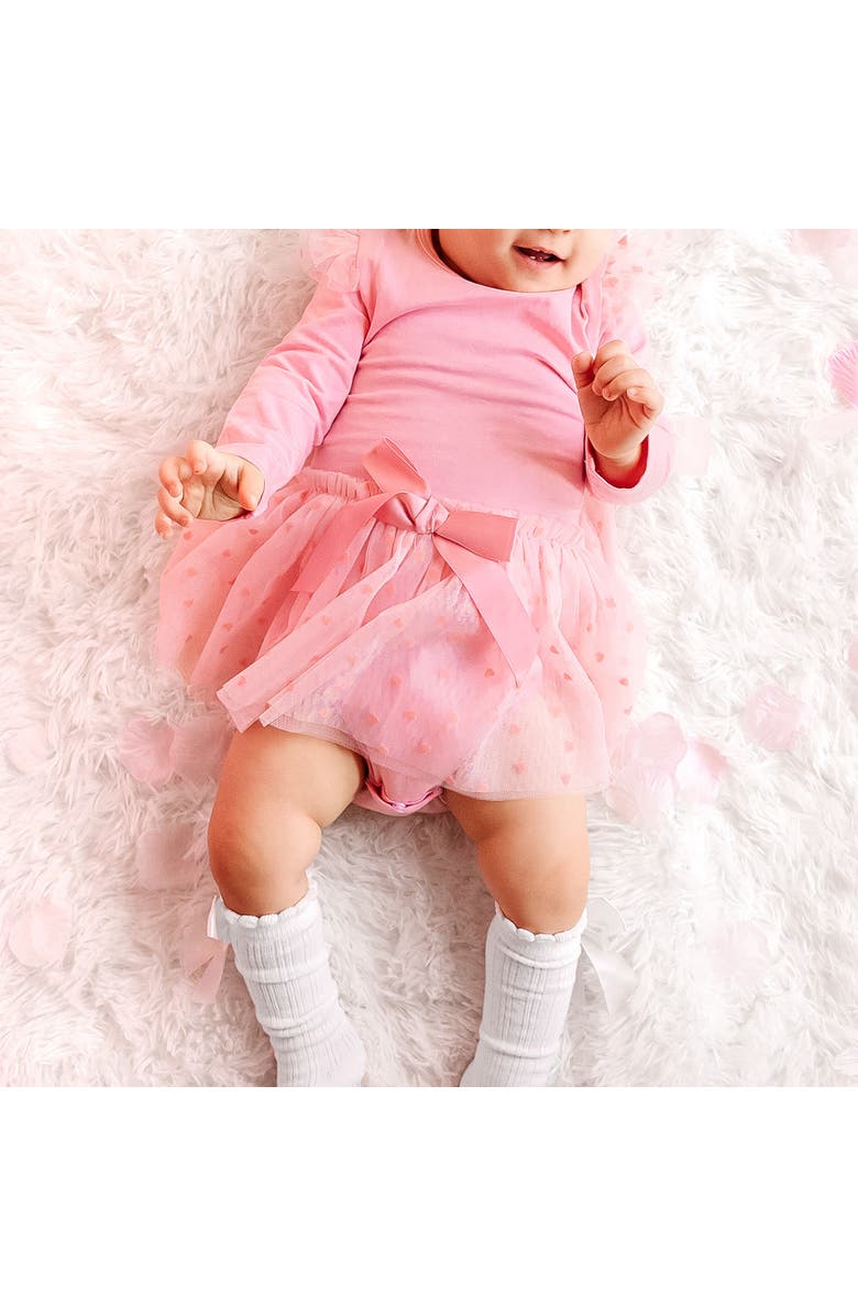 Sweet Wink Flocked Heart Valentine
s Day Tiered Long Sleeve Tutu Bodysuit, Alternate, color, Pink