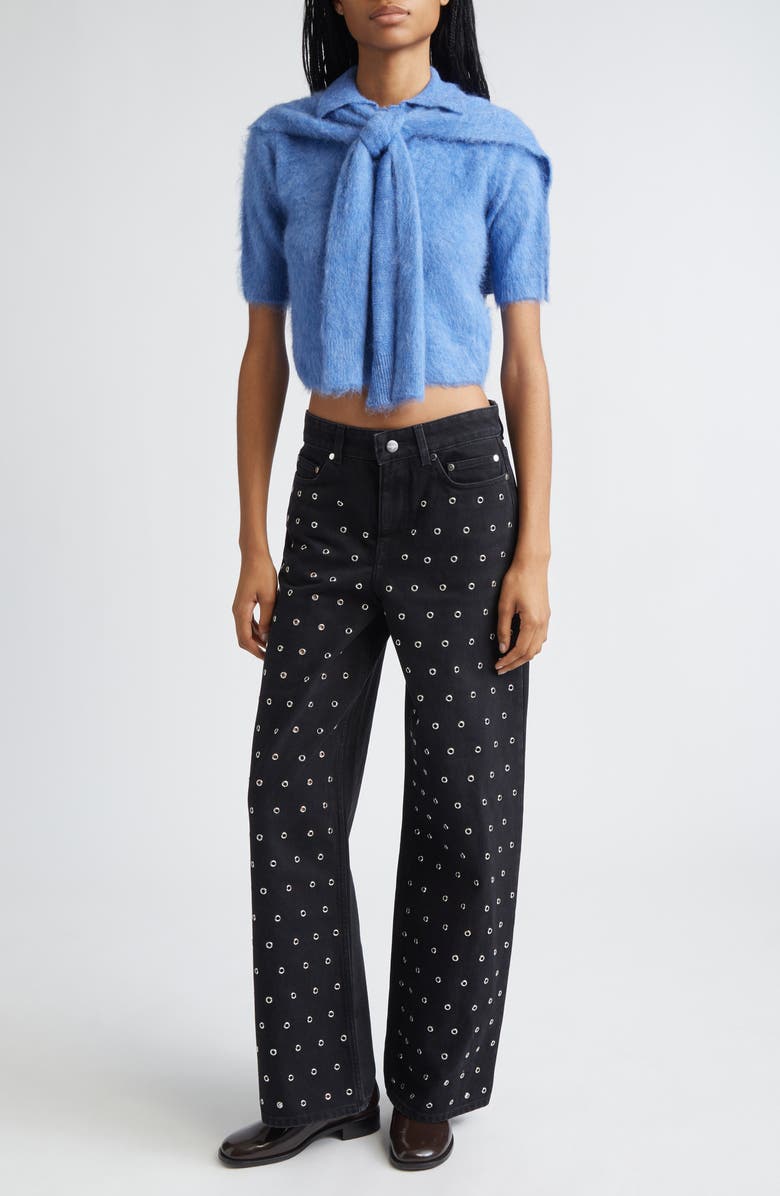 MONSE Tie Scarf Overlay Crop Alpaca & Merino Wool Blend Polo, Alternate, color, Blue