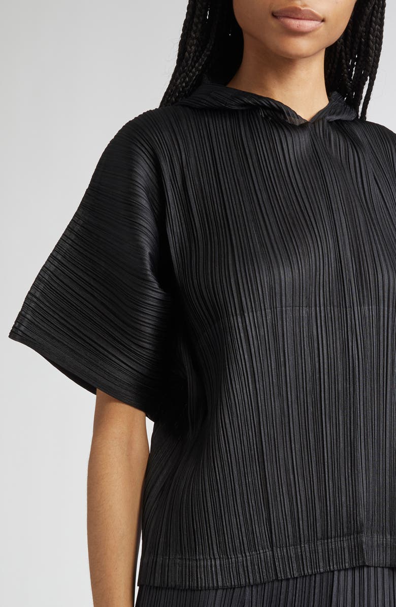 Pleats Please Issey Miyake Monthly Colors August Pleated Short Sleeve Hoodie, Alternate, color, Black