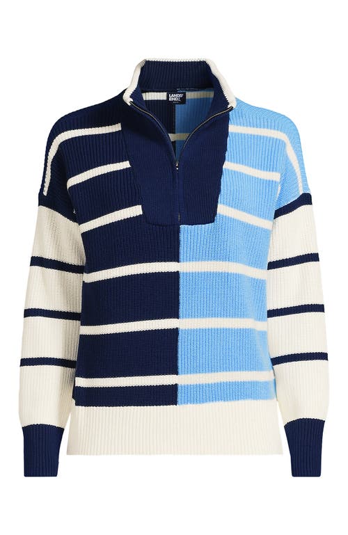 Lands' End Drifter Cotton Quarter Zip Pullover Sweater In Deep Sea/fresh Ivory Stripe