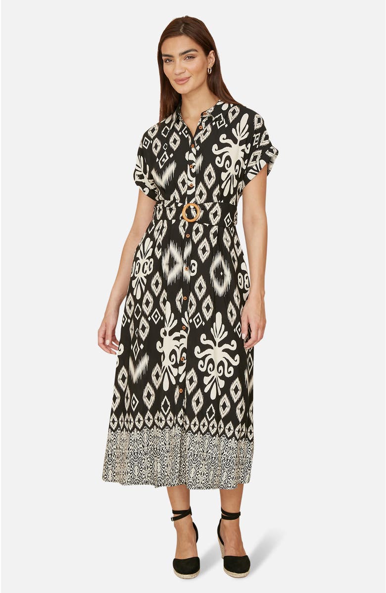 Yumi Geo Print Relaxed Midi Shirt Dress, Main, color, Black
