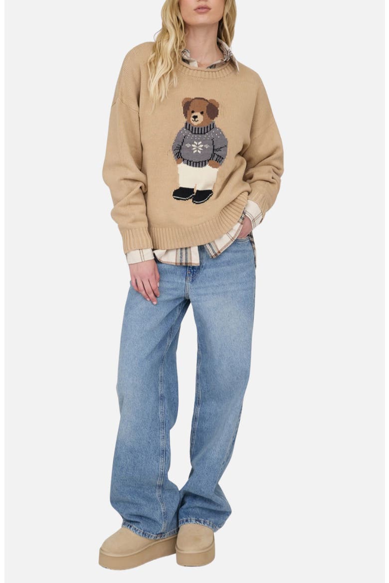Teddy Bear Crewneck Sweater, Alternate, color, KHAKI