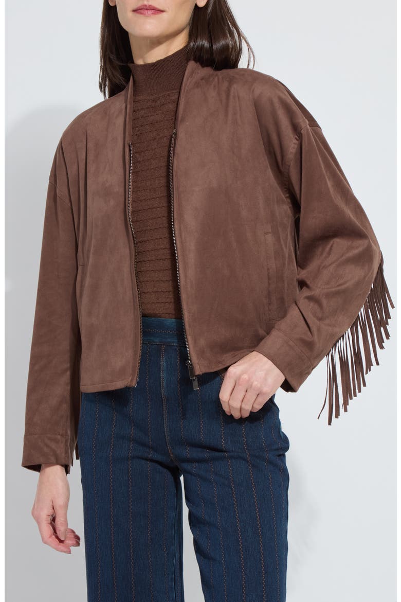Candence Fringe Trim Faux Suede Jacket, Main, color, PL WOOD