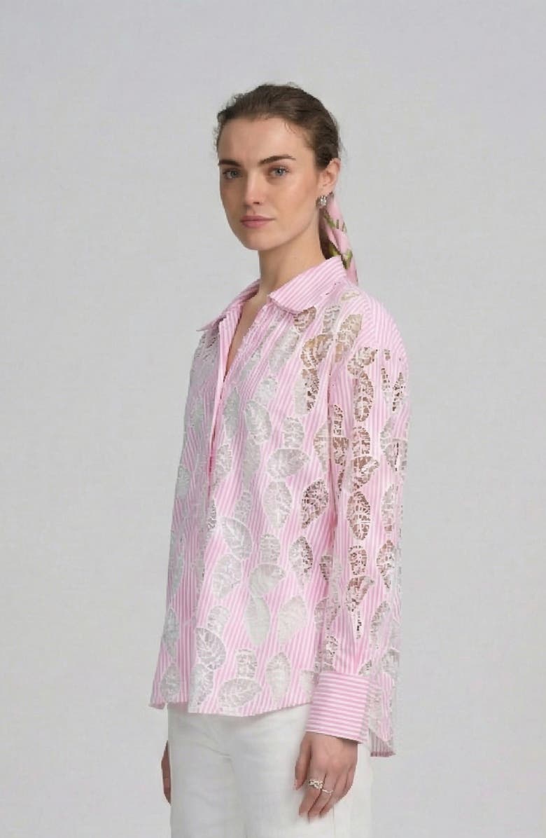 ELLE Collection Lace Striped Shirt, Alternate, color, Pink Multi