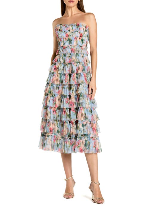 Printed Mesh Ruffle Strapless Midi Dress