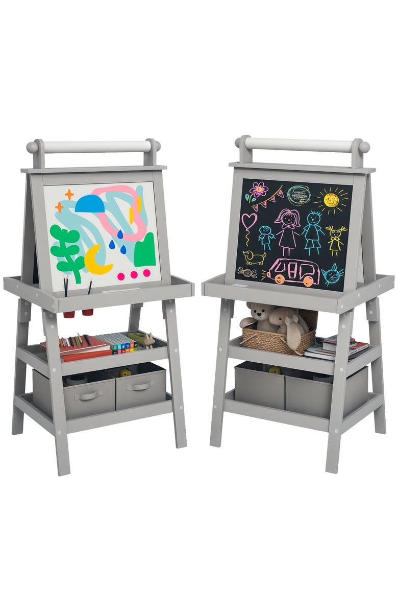 Qaba Kids Double Sided Art Easel with Paper Roll, Magnetic Boards & Storage, Main, color, Gray
