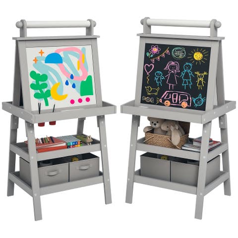 Kids Double Sided Art Easel with Paper Roll, Magnetic Boards & Storage