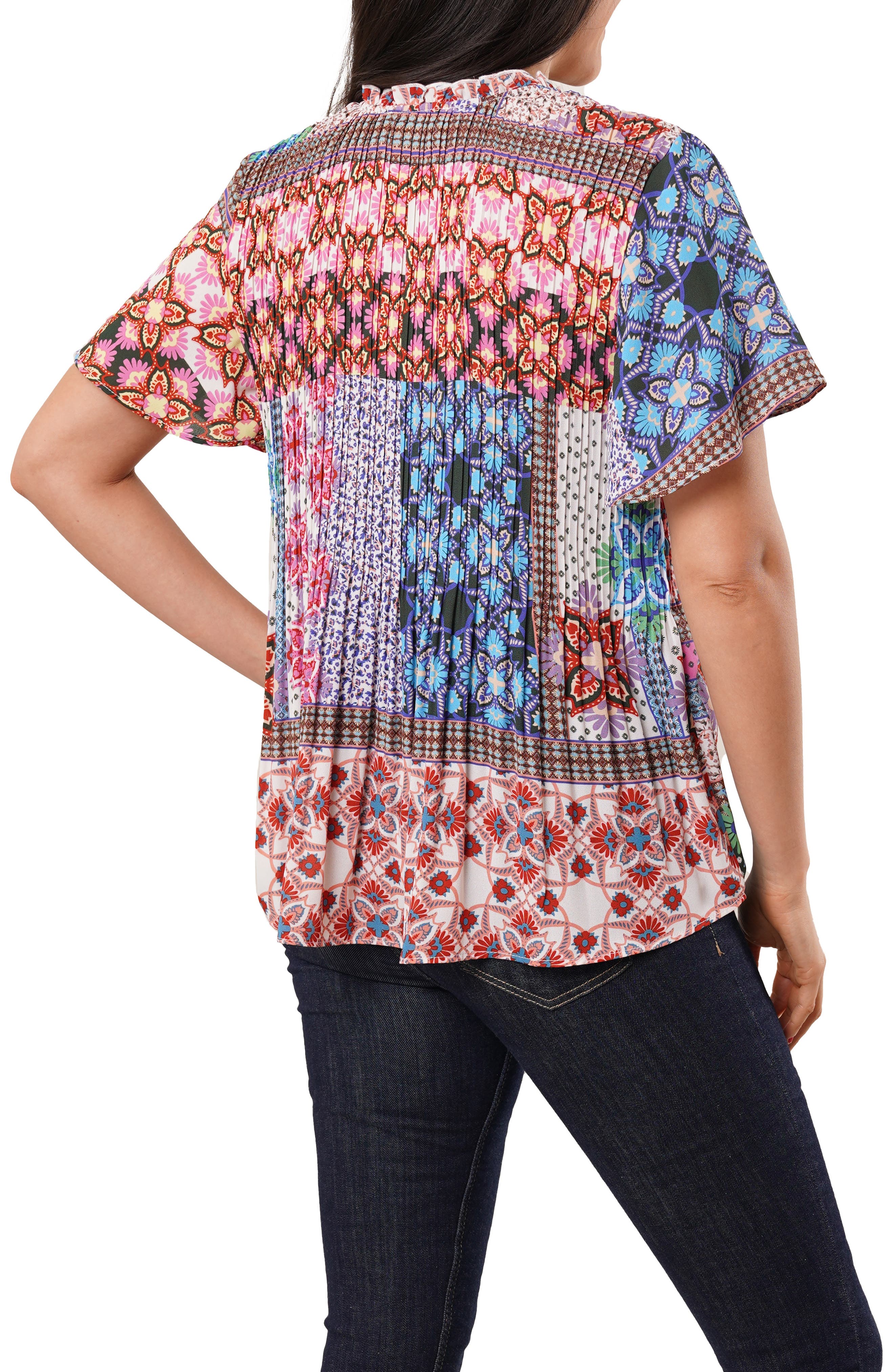 Ruffle Pleated Tie Neck Short Sleeve Top - image 4