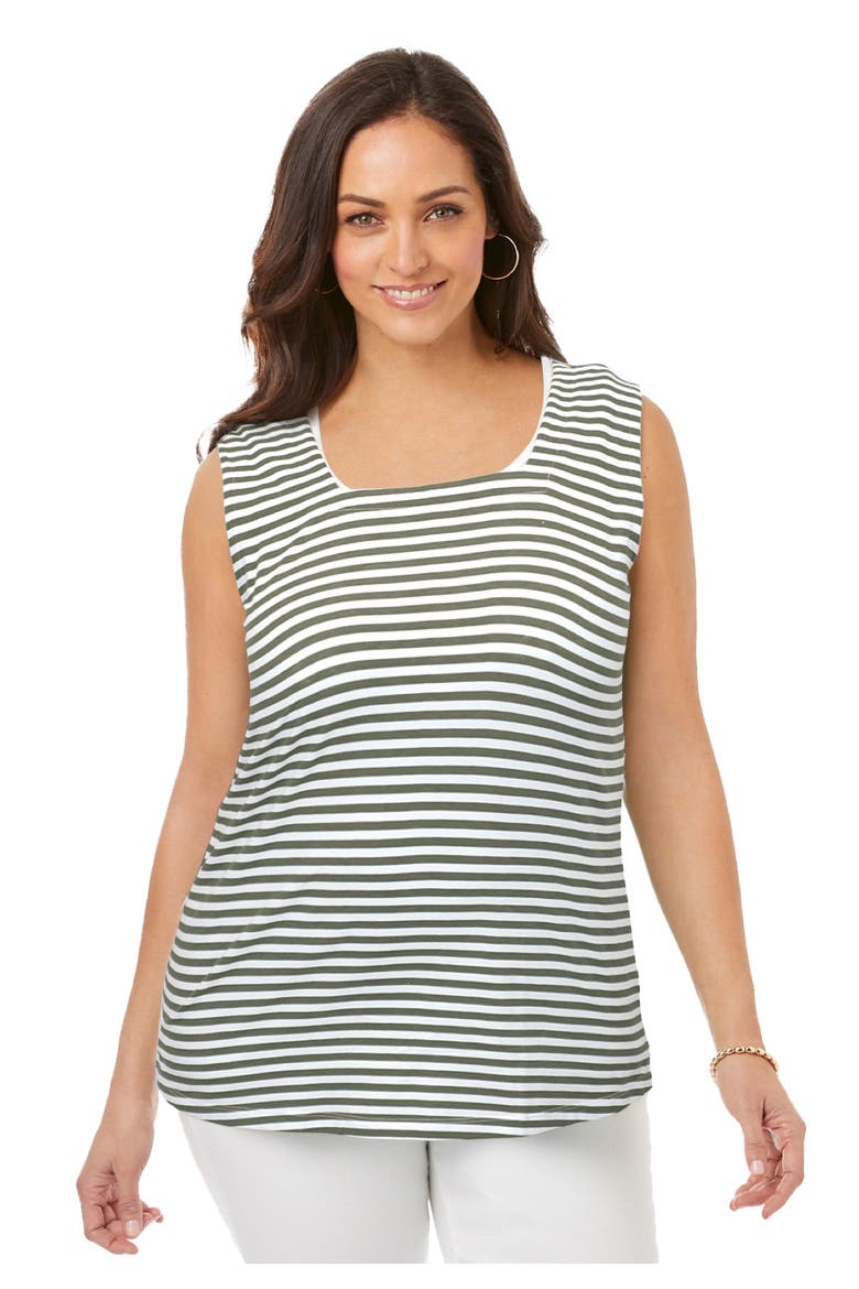 Stretch Cotton Square Neck Tank, Main, color, OLIVE GREEN FEEDER STRIPED