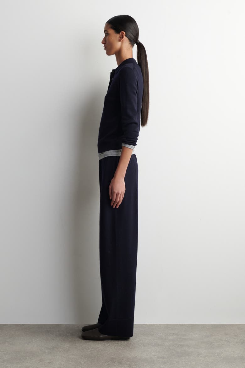 Cropped-sleeve Merino Wool Polo Shirt, Alternate, color, NAVY