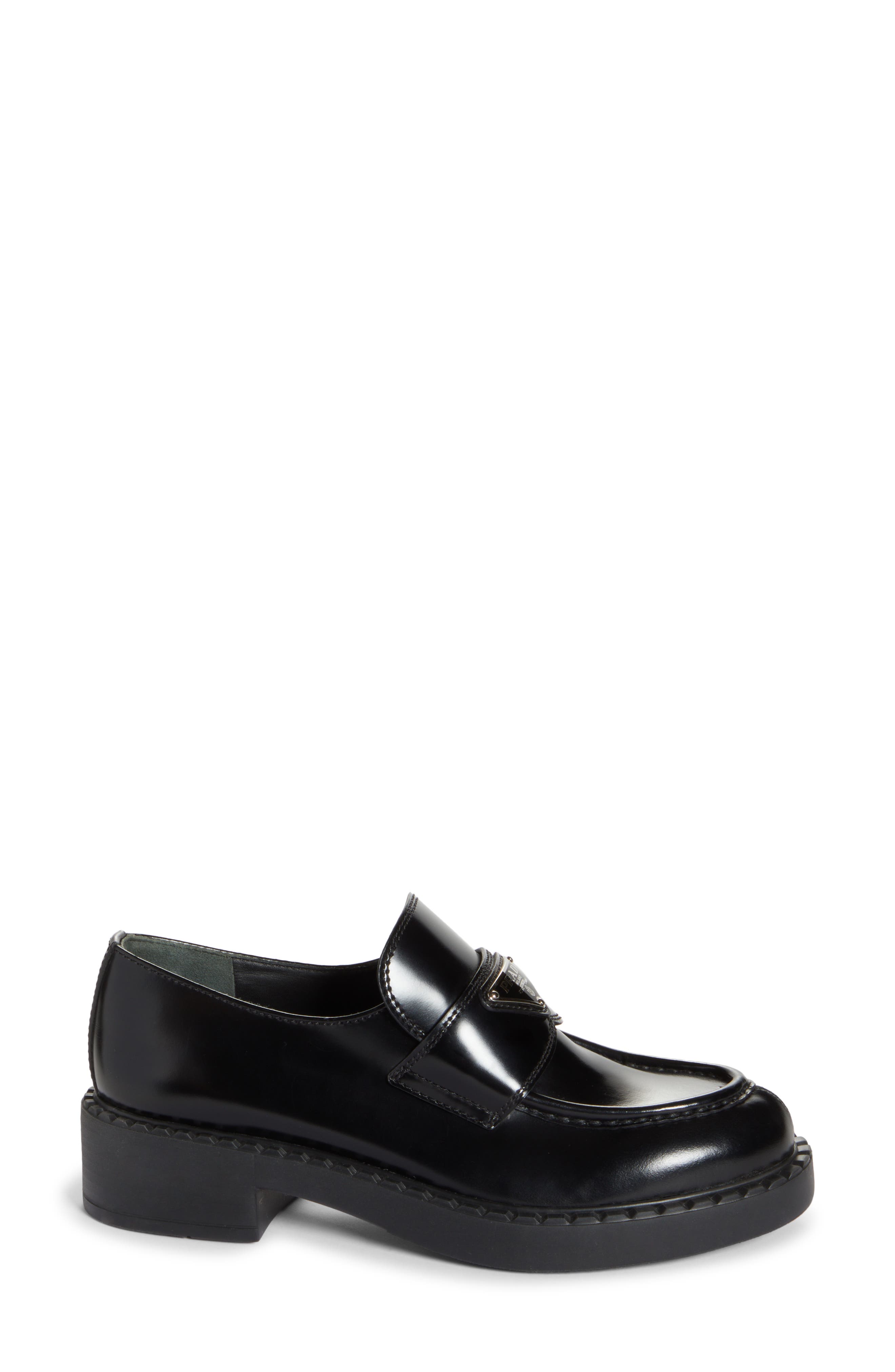 Prada Triangle Logo Patent Leather Loafer, Alternate, color, 