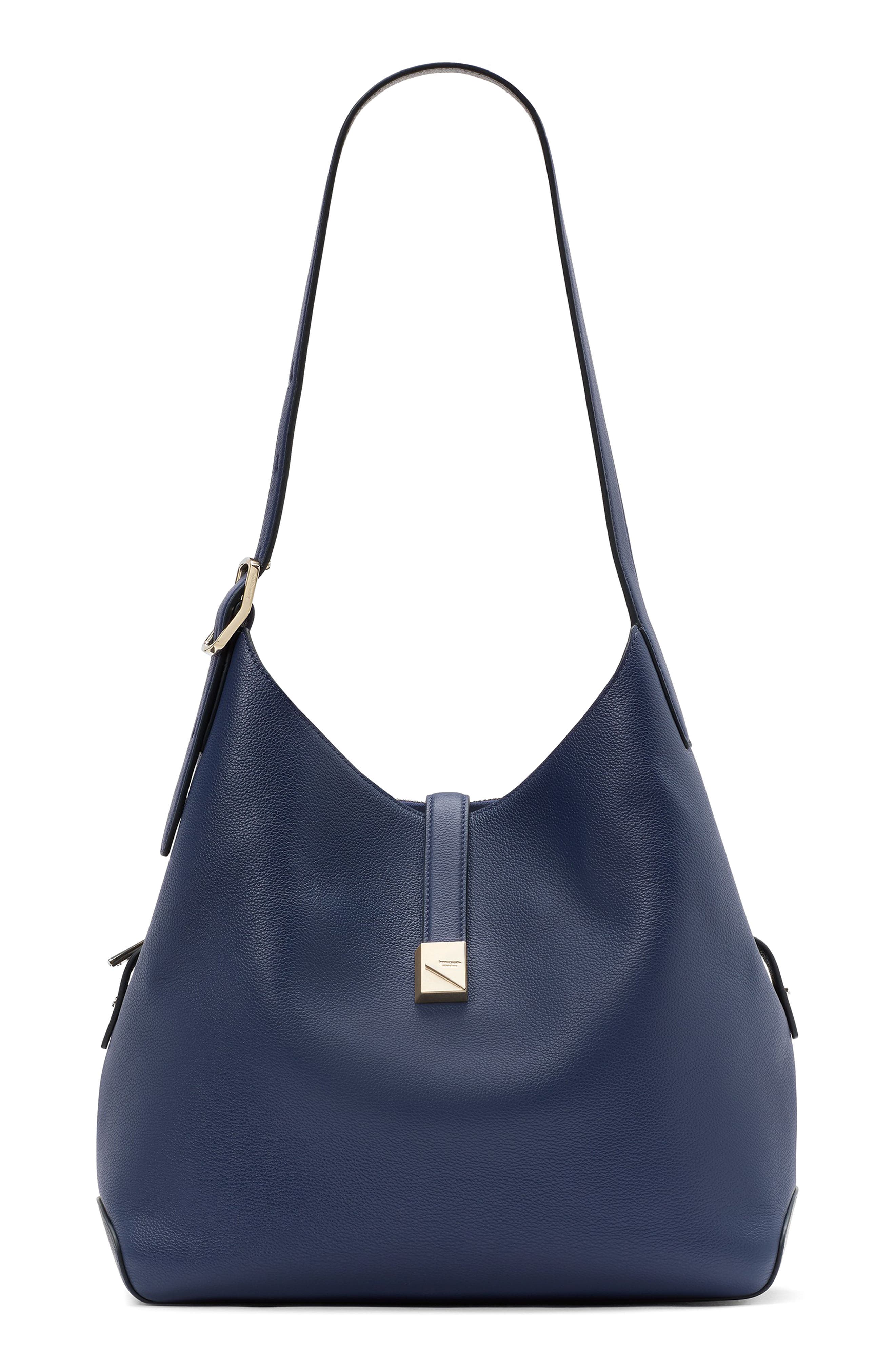 large deco pebbled leather shoulder bag, Main, color, PARISIAN NAVY