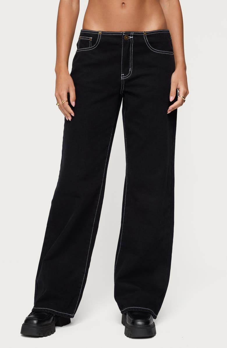 EDIKTED Contrast Stitch Low Rise Wide Leg Jeans, Main, color, Black