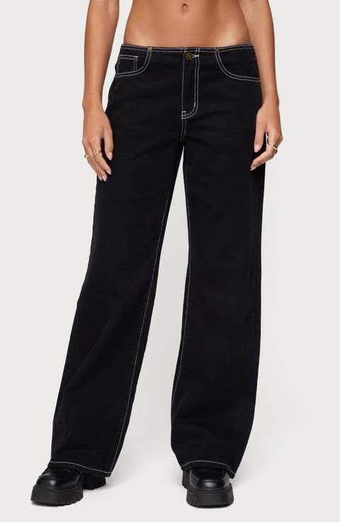 Contrast Stitch Low Rise Wide Leg Jeans
