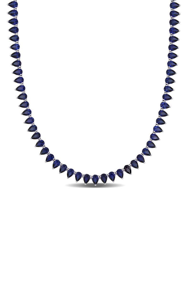 DELMAR Sterling Silver Pear Cut Lab Created Sapphire Tennis Necklace, Main, color, 