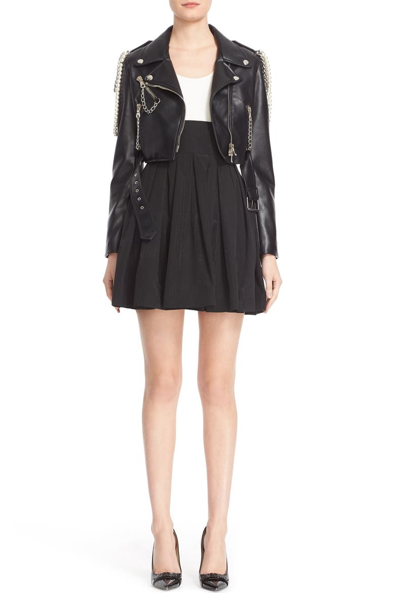 Chain & Imitation Pearl Embellished Faux Leather Jacket, Alternate, color, BLACK