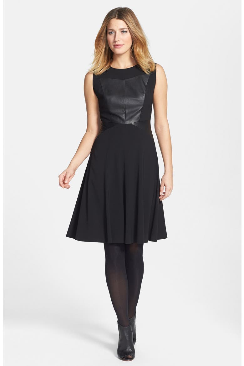 Crepe & Leather Dress, Alternate, color, BLACK