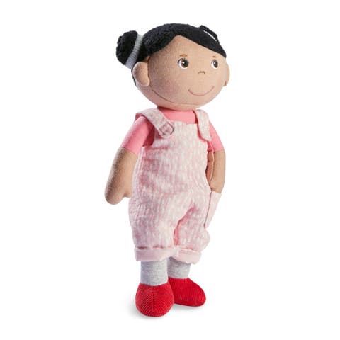 Snug Up Doll Rumbi - 10" Soft Doll with Black Hair and Pink Overalls - Machine Washable for 18 Months and Up