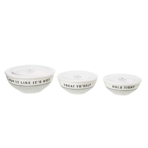 Tight/Treat/Pop Bowls w/ Lid Set of 3 Ceramic White