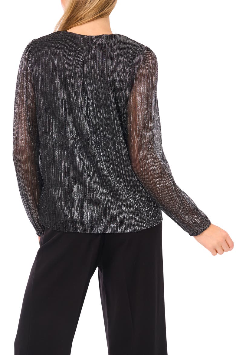 Metallic Plissé V-Neck Top, Alternate, color, BLACK/ SILVER