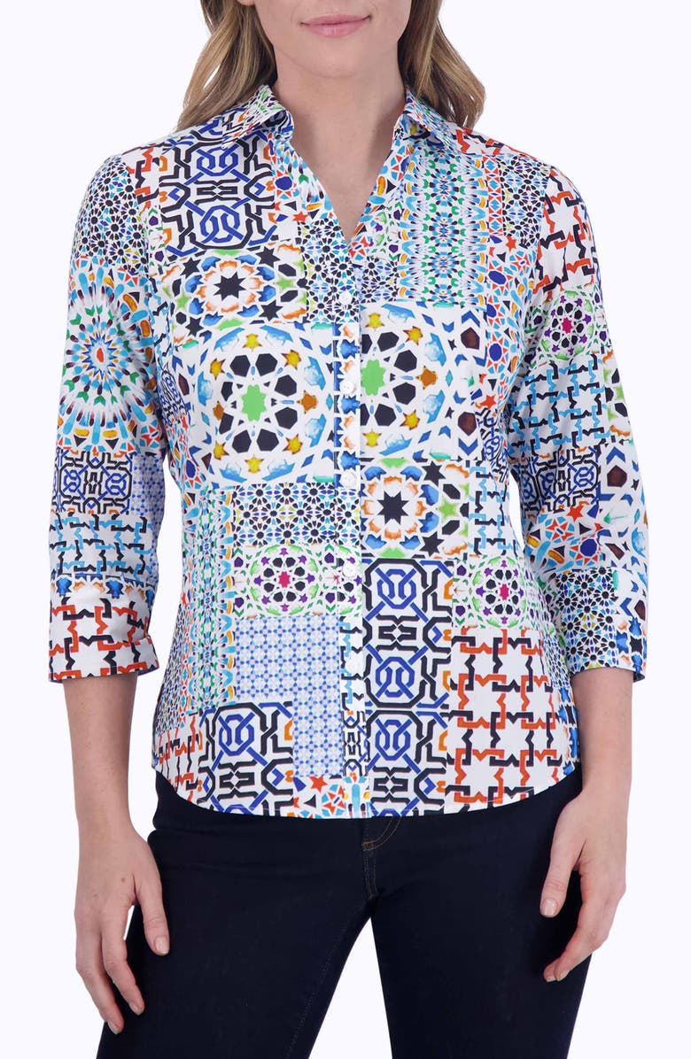 Foxcroft Mary Intertwine Button-Up Shirt, Main, color, White Multi