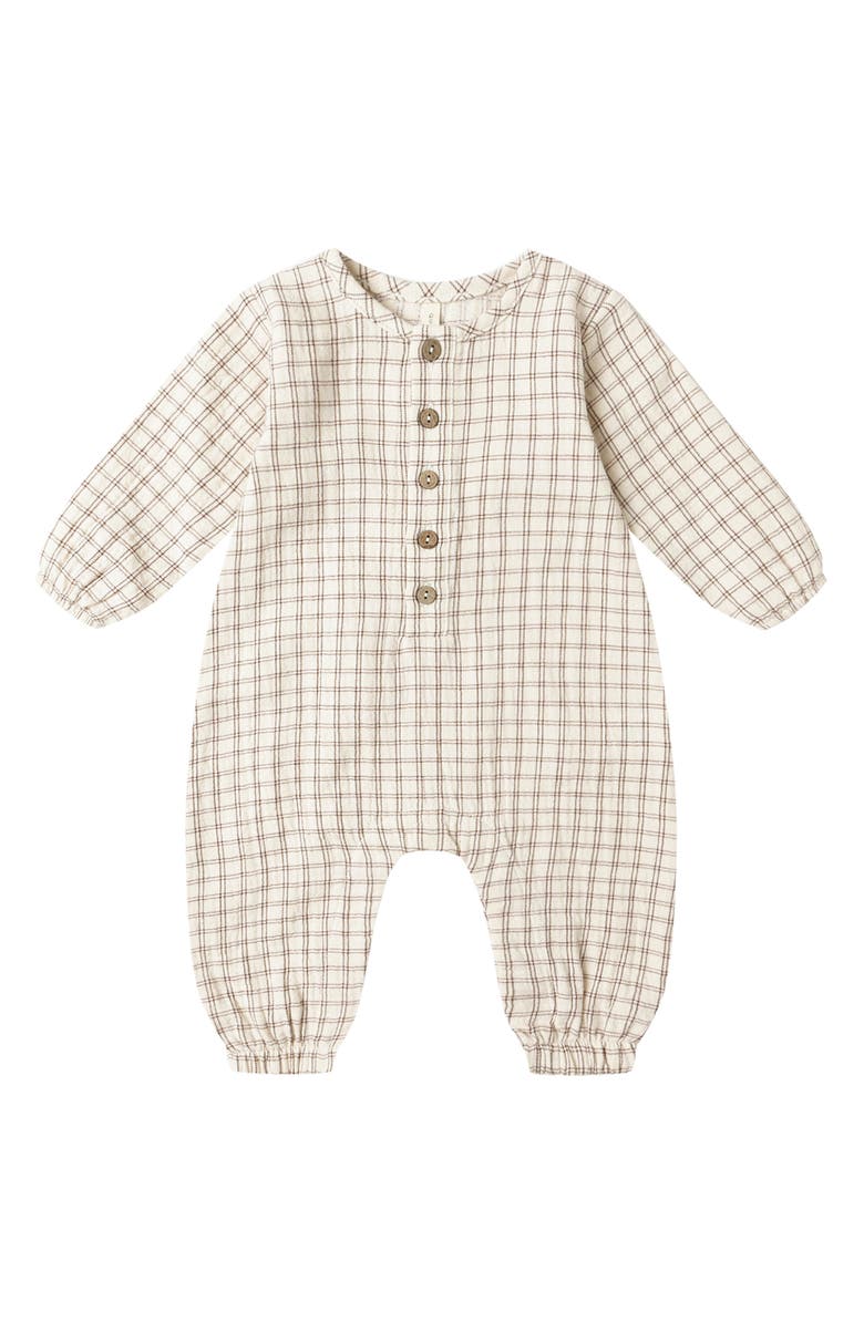 QUINCY MAE Check Organic Cotton Romper, Main, color, Brown/ Beige