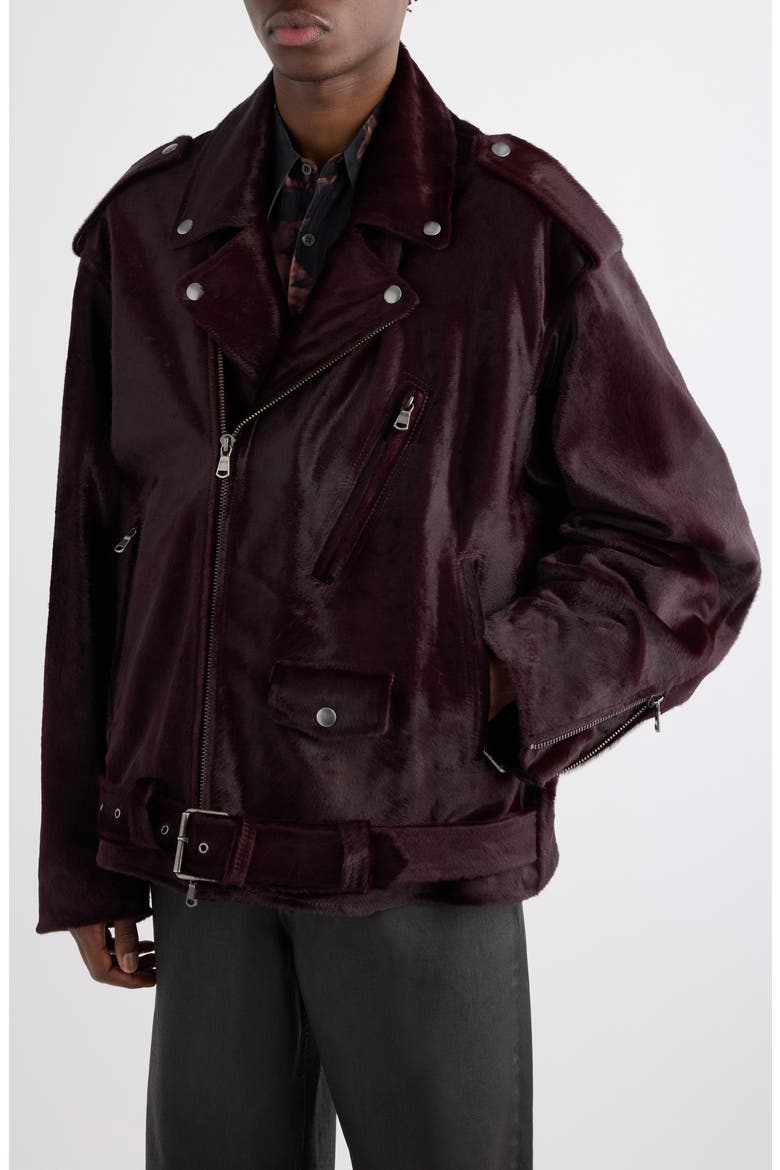 Genuine Calf Hair Biker Jacket, Alternate, color, BURGUNDY