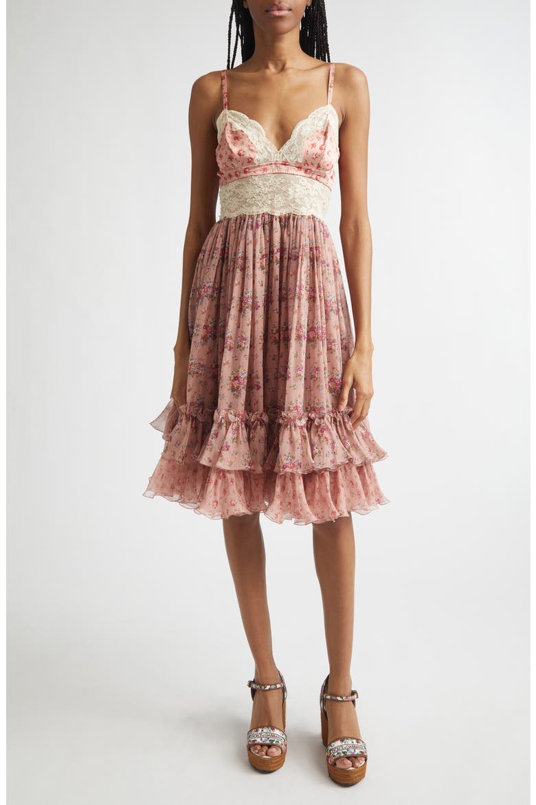 Floral Bouquet Print Satin, Chiffon & Lace Dress, Main, color, MAZZOLINI FIORI FROS