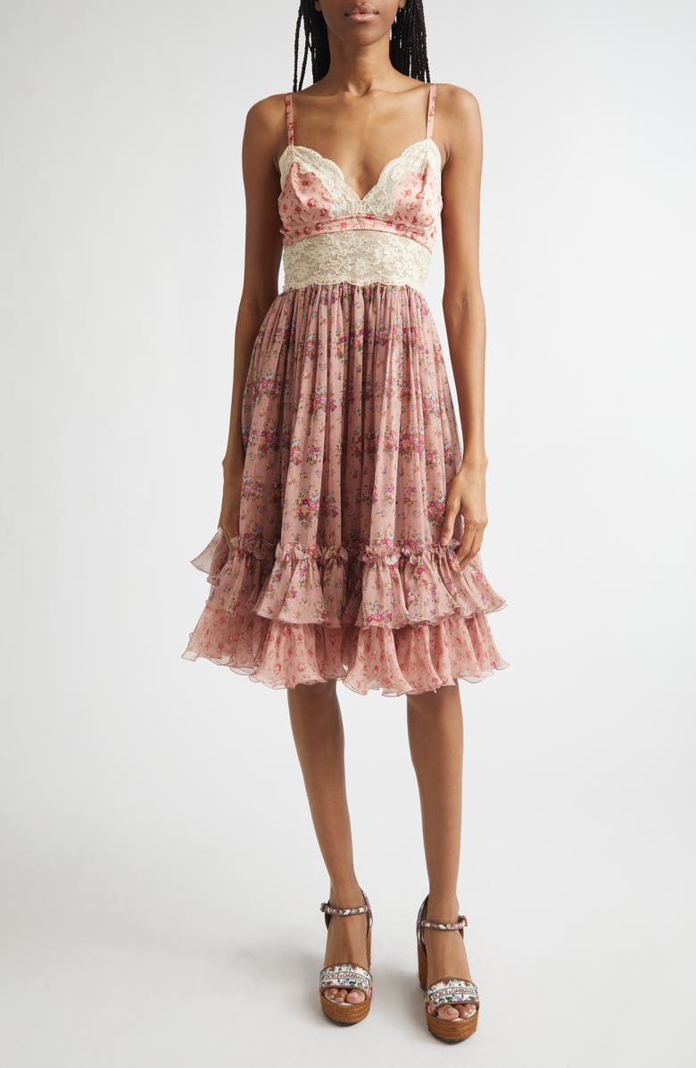 Dolce&Gabbana Floral Bouquet Print Satin, Chiffon & Lace Dress, Main, color, Mazzolini Fiori Fros