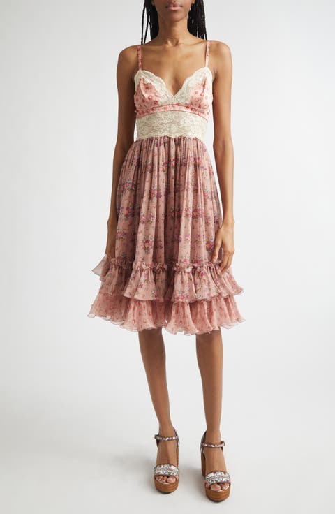 Floral Bouquet Print Satin, Chiffon & Lace Dress