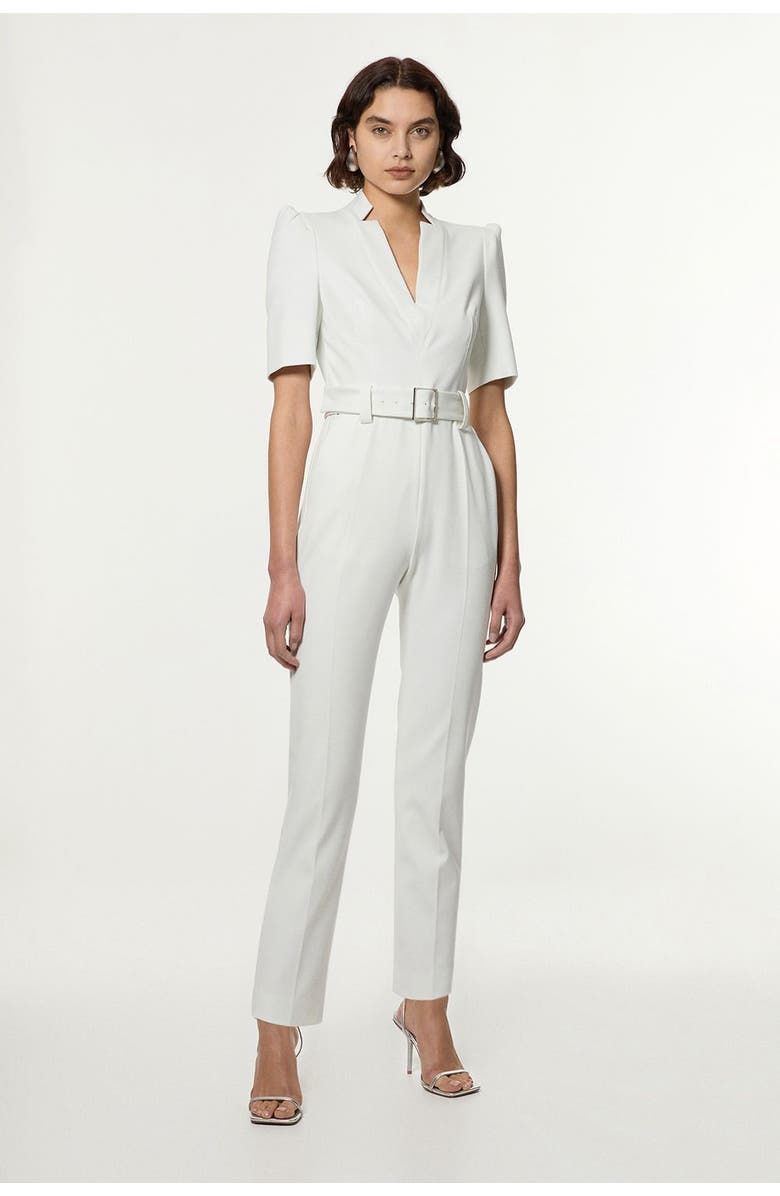 Karen Millen Petite Crepe Belted Jumpsuit, Main, color, Ivory