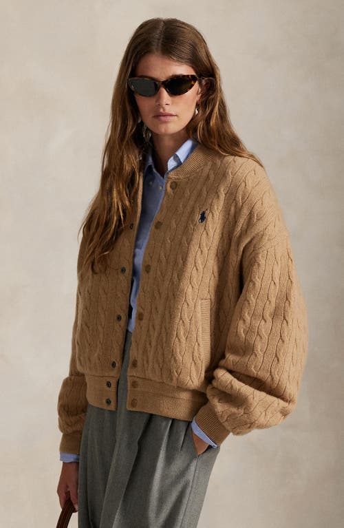 Polo Ralph Lauren Cable Stitch Wool & Cashmere Sweater Bomber In Brown