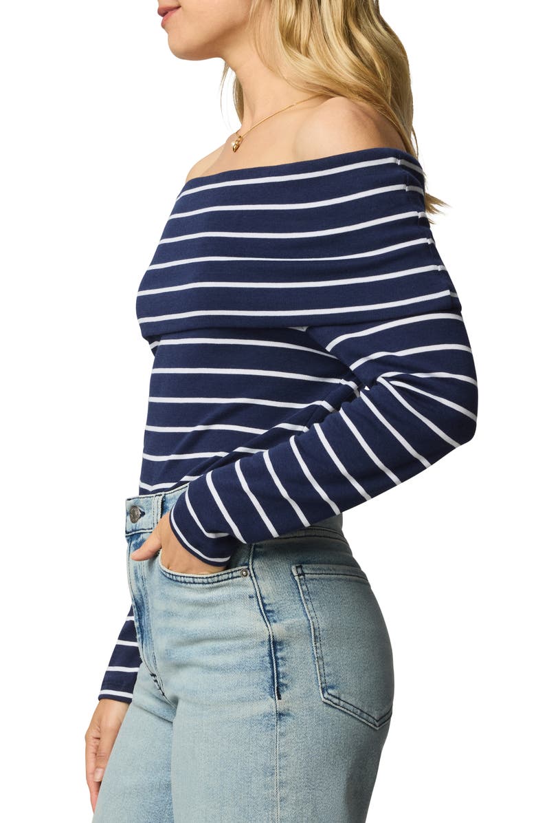 Splendid Josie Stripe Off the Shoulder Top, Alternate, color, Navy Blue/ White
