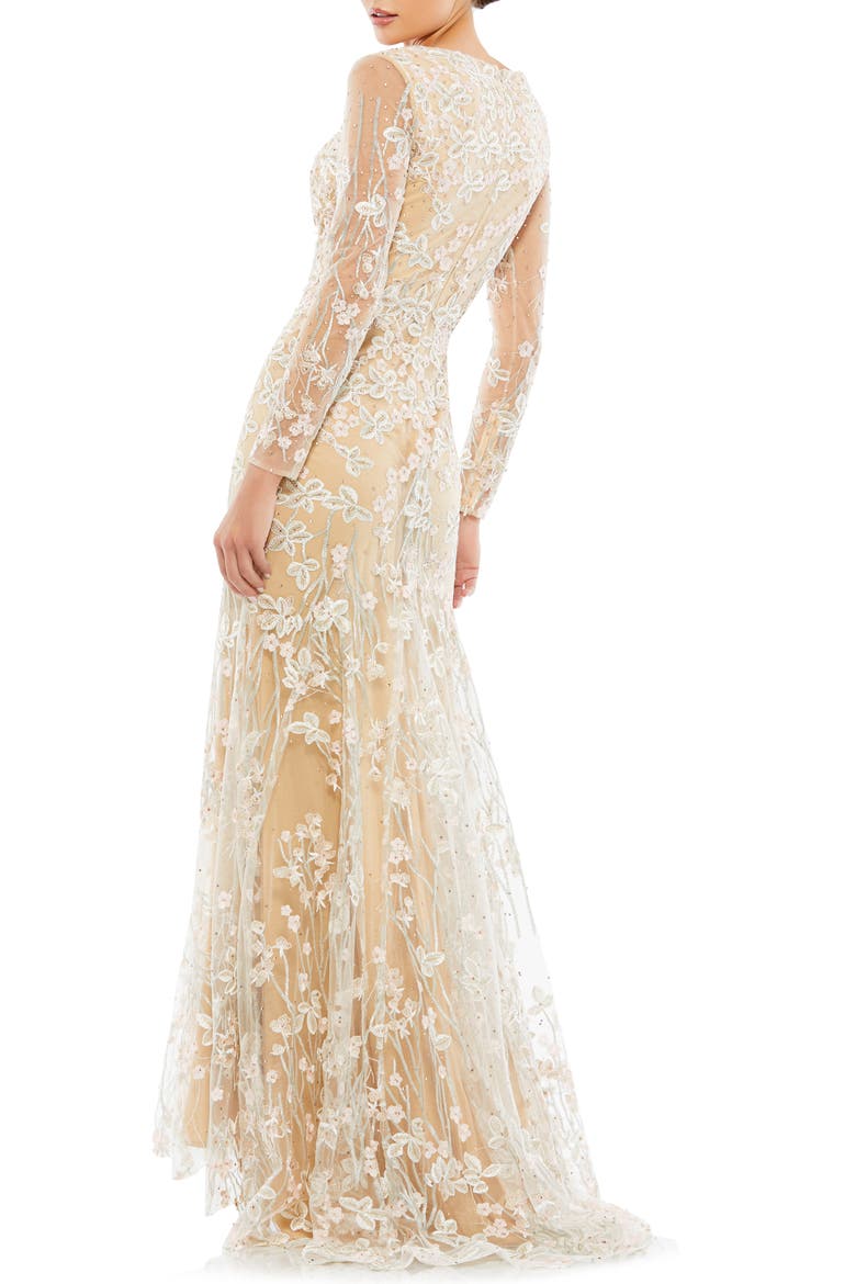 Sequin Floral Embroidered Long Sleeve Sheath Gown, Alternate, color, IVORY NUDE