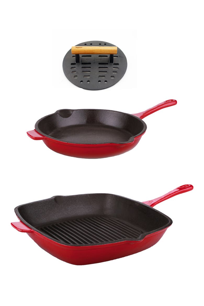 INTERNATIONAL Neo 3-Piece Cast Iron Pan With Bacon Press, Main, color, RED