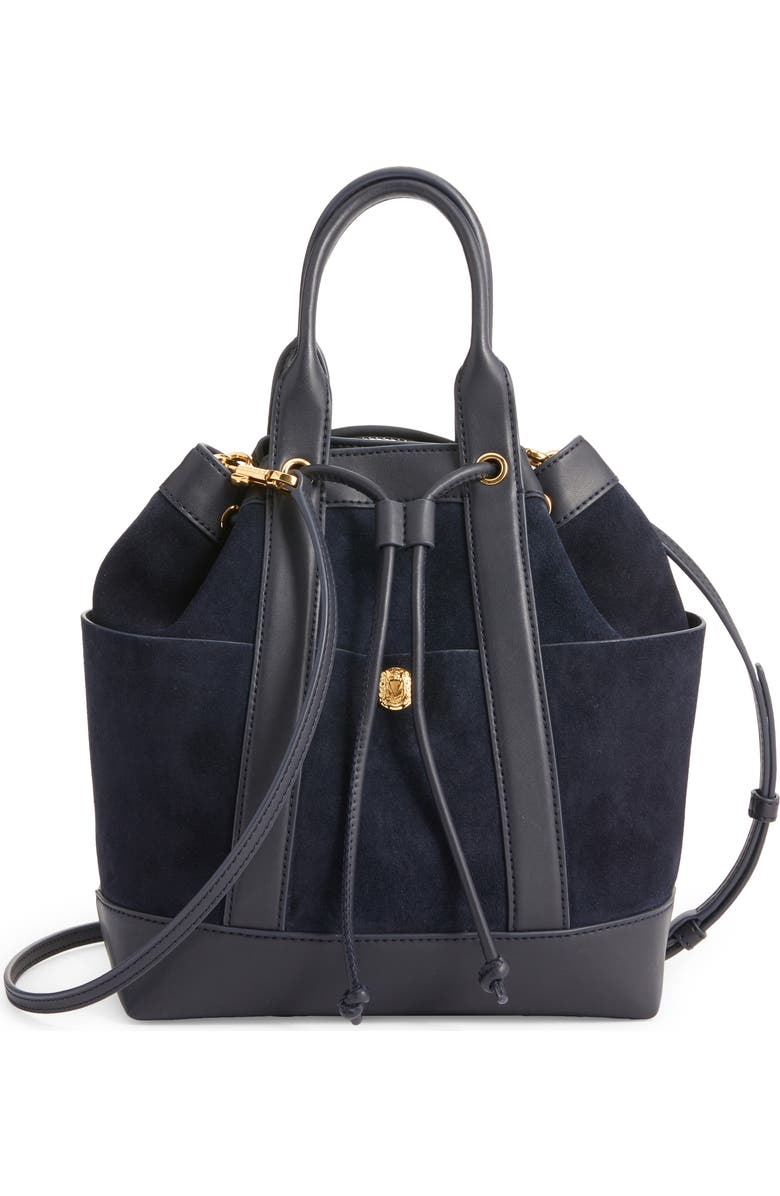 Veronica Beard Goody Suede & Leather Bucket Bag, Main, color, Navy