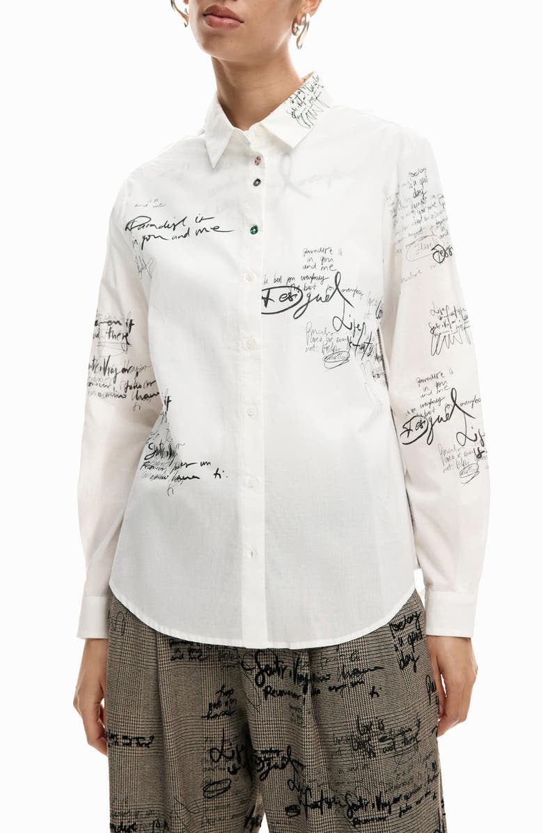 Desigual Paradise Oversize Cotton Button-Up Shirt, Main, color, White