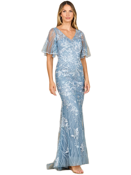 Lara New York Overskirt Lace Fitted V-neck Gown With Cape Sleeves In Blue