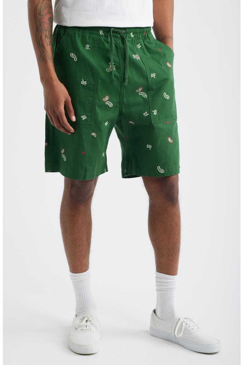 Paisley Organic Cotton Poplin Drawstring Chef Shorts, Main, color, FOREST