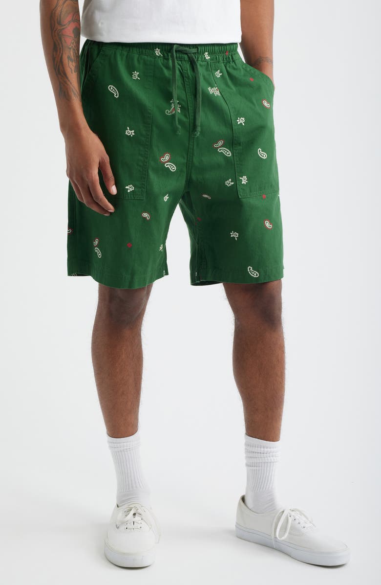 Service Works Paisley Organic Cotton Poplin Drawstring Chef Shorts, Main, color, Forest